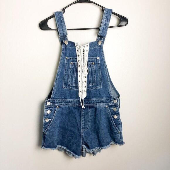 Forever 21 Denim Lace Up Shortalls Overalls Womens 26 - Picture 4 of 9
